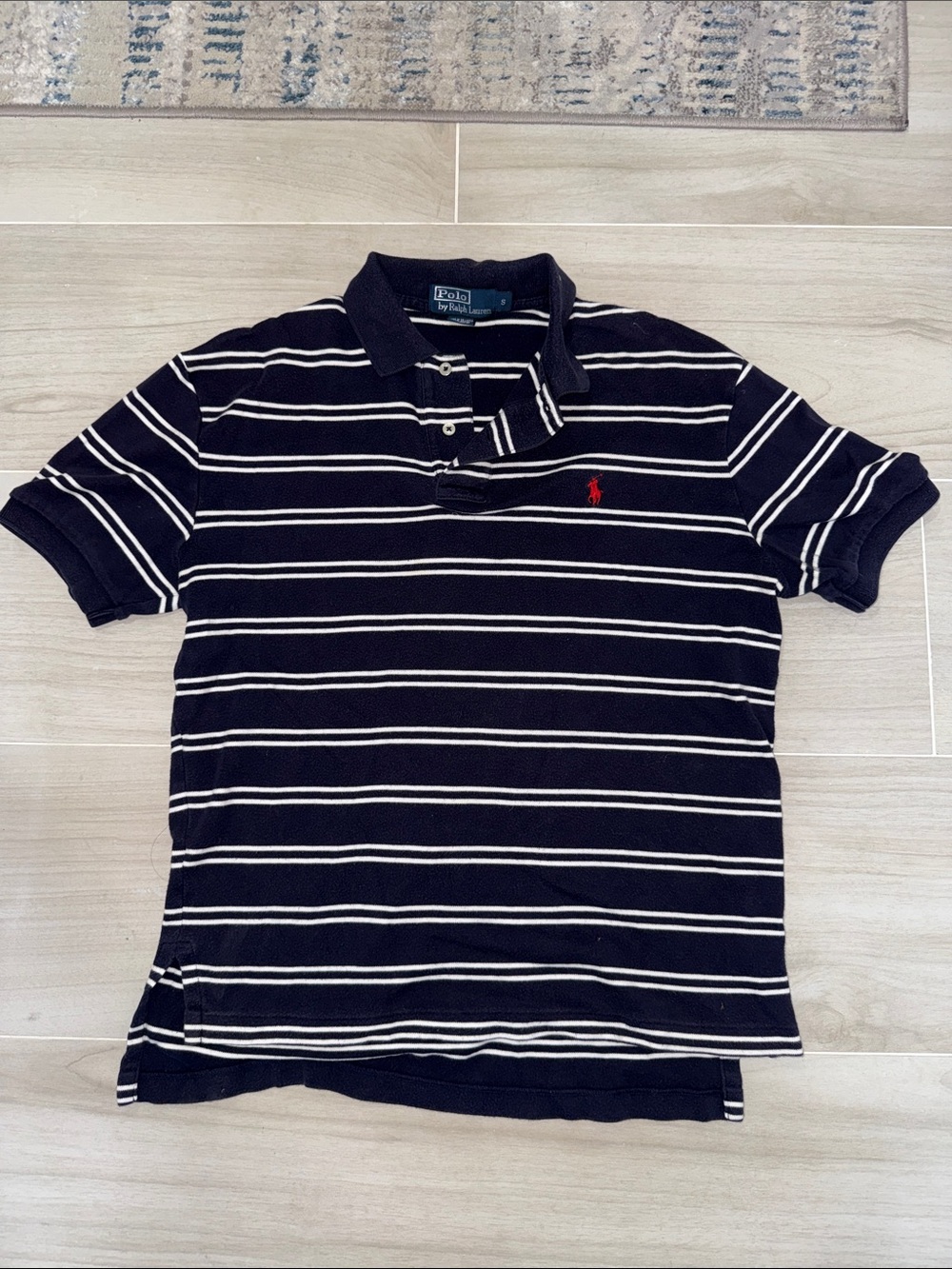 Polo by Ralph Lauren Black and White Striped Polo with Red Pony